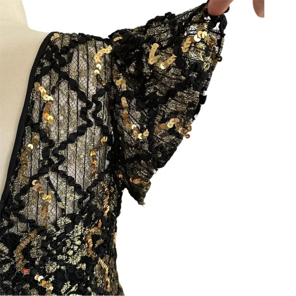 Vintage 80s Sequin Evening Dress Black Gold Floral Lace Size Small Formal
